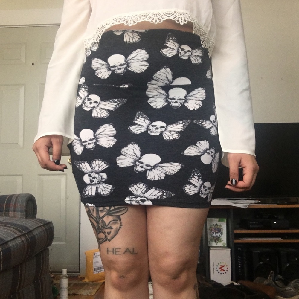 Black & white butterfly skull high waisted skirt